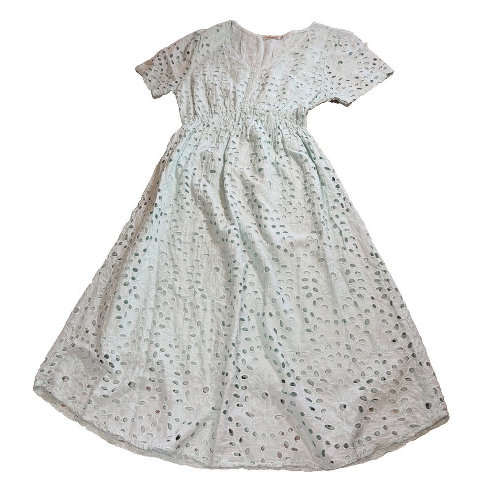 Valentina Naldi Sz M Eyelet V-Neck Short Sleeve Lined Cotton Dress Made in Italy